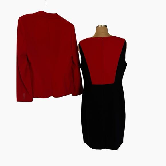 Calvin Klein Suit Set Dress Jacket Womens 14 Red Black Ponte Knit Sophisticated - Picture 2 of 16